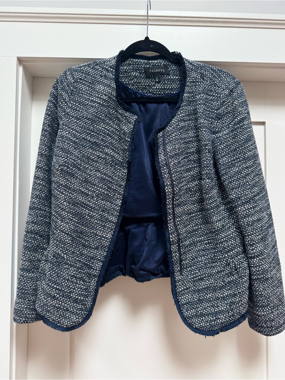 Talbots Navy Tweed Collarless Blazer Jacket
